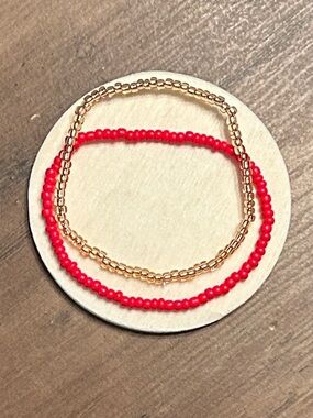 P - Red Beaded and Gold-Tone Layered Bracelet Set
